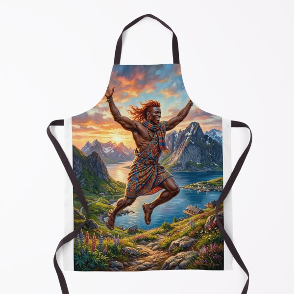 Item preview, Leaping for joy, African man in fjord landscape. Epic and colorful art. designed and sold by Curiosiart.