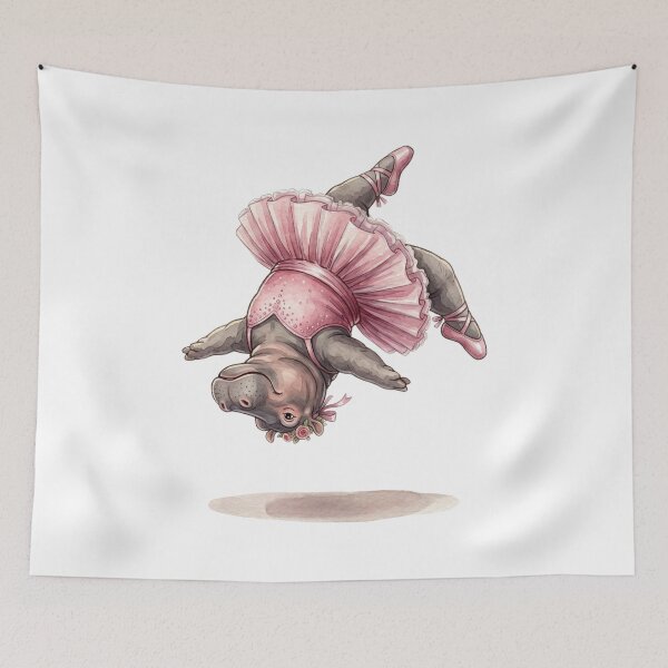 Item preview, Cute Hippo Ballerina Mid Air Flip Acrobatic Watercolor Art designed and sold by DH-ArtLab.