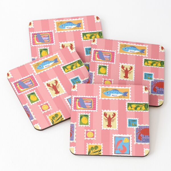 Item preview, lobster sardine lemon seafood stamps collage stripe designed and sold by Gossip Rag.