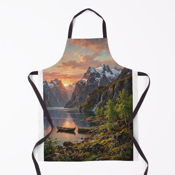 Item preview, EPIC SUNSET ON THE NORWEGIAN FJORD MOUNTAIN LANDSCAPE WITH BOAT, WATERFALL AND FLOWERS CLASSIC OIL PAINTING designed and sold by Curiosiart.