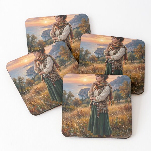Item preview, Bohemian woman contemplating the coastal sunset. Traditional art. designed and sold by Curiosiart.