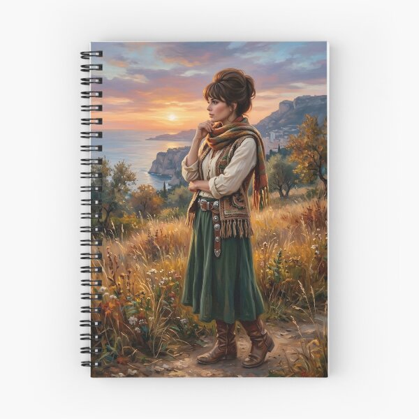 Item preview, Bohemian woman contemplating the coastal sunset. Traditional art. designed and sold by Curiosiart.