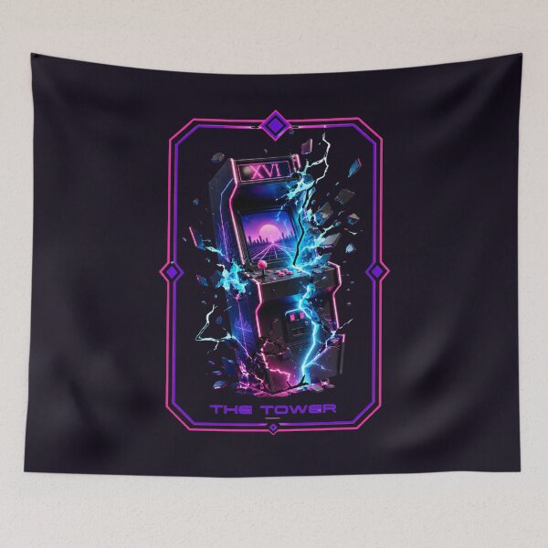 Item preview, Synthwave Arcade Tower Tarot Card Sticker designed and sold by MarVan-Prints.