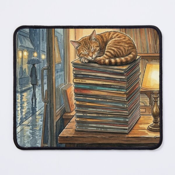Item preview, Cozy Cat in a record shop with Rainy Window. designed and sold by jeugenet.