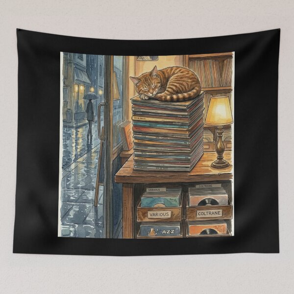 Item preview, Cozy Cat in a record shop with Rainy Window. designed and sold by jeugenet.