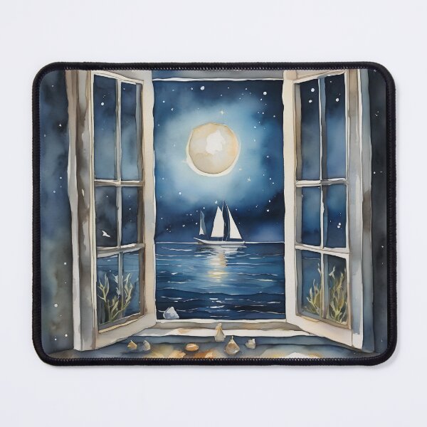 Item preview, Midnight Ocean Breeze – Open Window Watercolor View designed and sold by UmSkelig834.