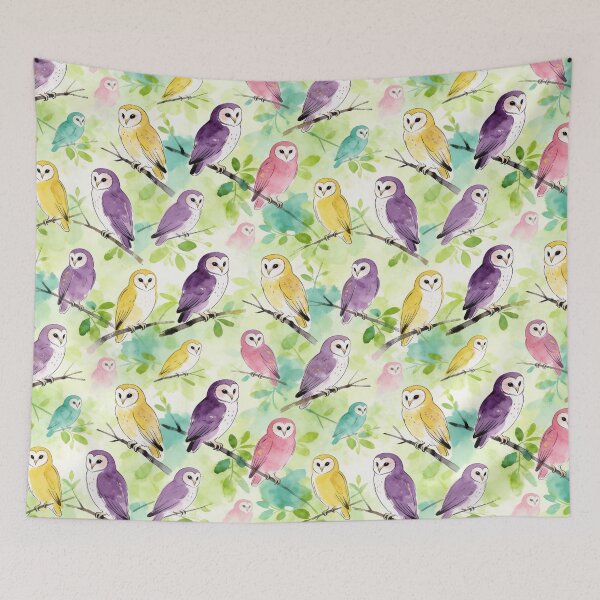 Item preview, Cute Watercolor Owls in Forest Pattern designed and sold by wissal.studio.