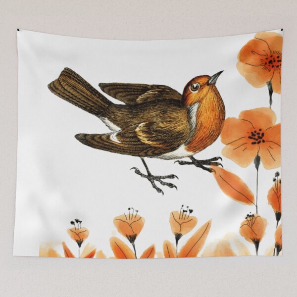 Item preview, Autumn Bird of Prey | Botanical Illustration with Orange Flowers designed and sold by Rawafi Art Studio.