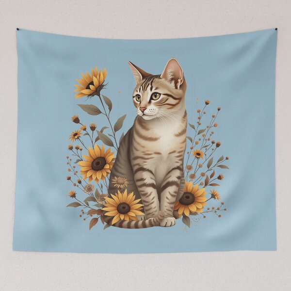 Item preview, Vintage Tabby Cat Botanical Sunflower Art designed and sold by BirdsnStuff.