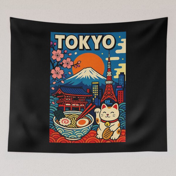 Item preview, Tokyo Travel Poster with Mount Fuji Sakura and Lucky Cat designed and sold by eliramaison.