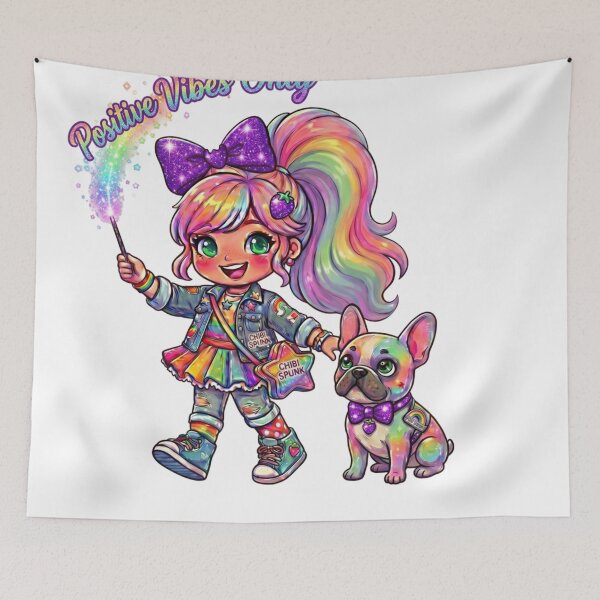 Item preview, Luna Sparks Positive Vibes Only Rainbow Chibi and Frenchie designed and sold by ArtisticDesignsbyLinda.