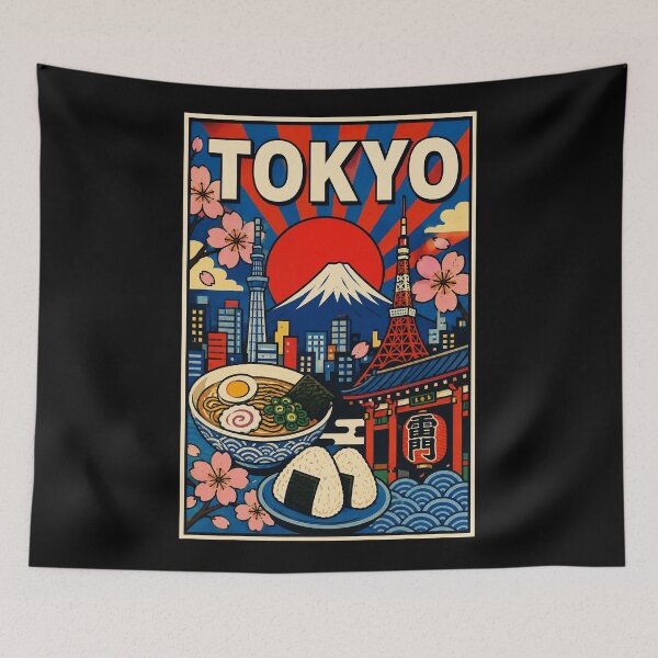 Item preview, Tokyo Skyline Poster with Mount Fuji Sakura and Street Food designed and sold by eliramaison.