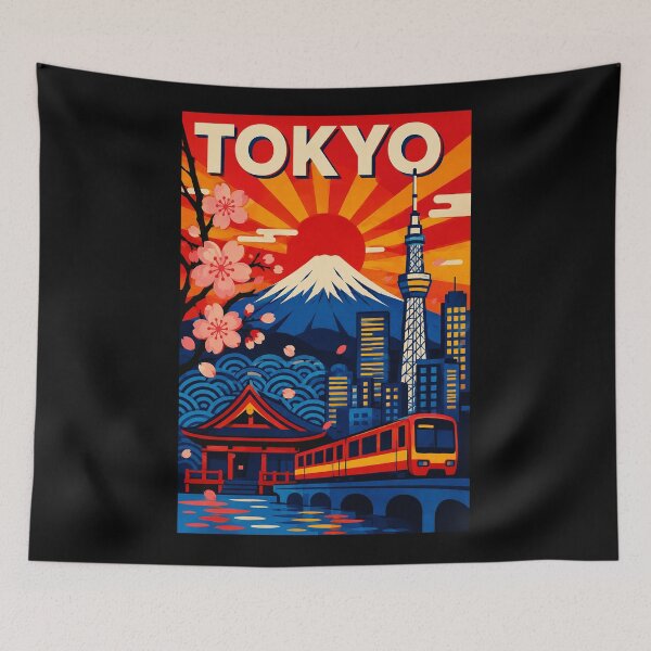 Item preview, Tokyo Sunset Poster with Mount Fuji Sakura and City Train designed and sold by eliramaison.