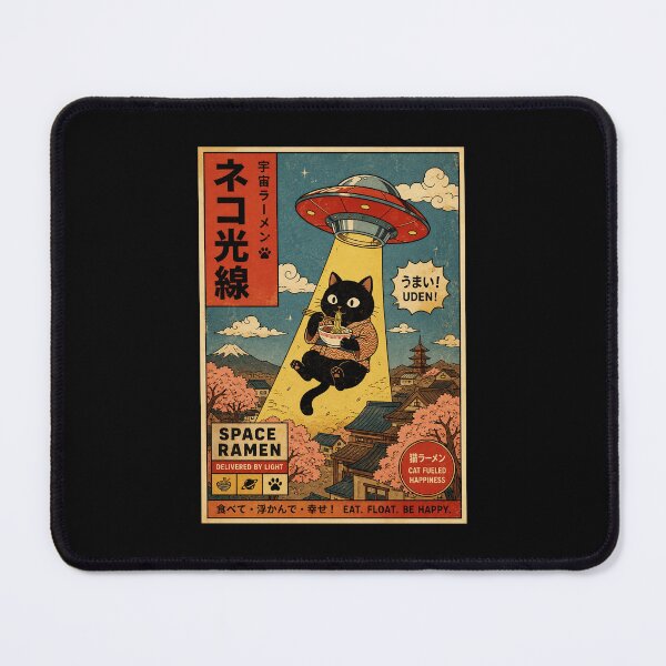 Item preview, Retro Space Ramen Cat Floating Through a Vintage Japanese Town designed and sold by eliramaison.