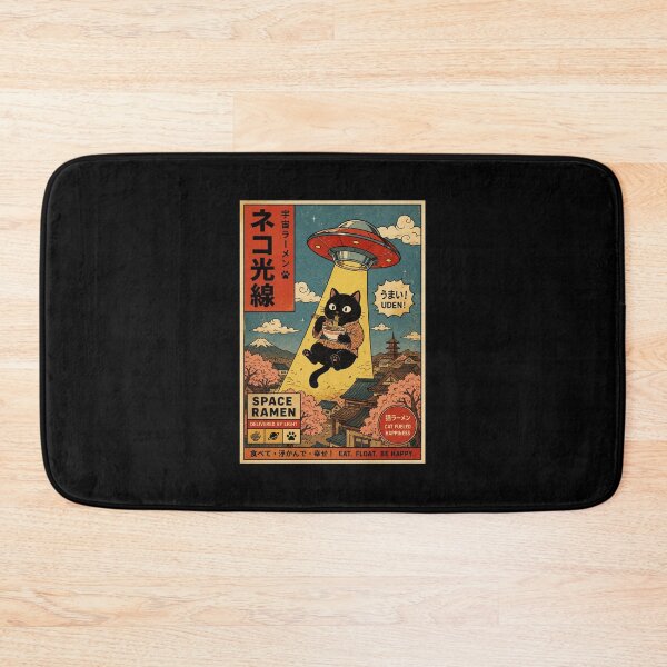 Item preview, Retro Space Ramen Cat Floating Through a Vintage Japanese Town designed and sold by eliramaison.