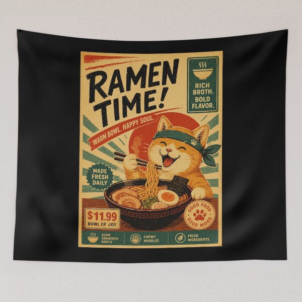 Item preview, Happy Ramen Cat Retro Food Poster With Cozy Noodle Vibes designed and sold by eliramaison.
