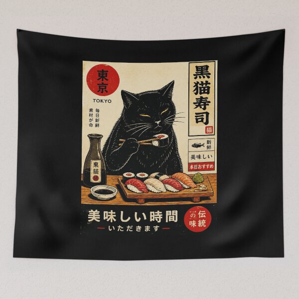 Item preview, Black Cat Sushi Night Vintage Tokyo Style Food Poster designed and sold by ferminhays.