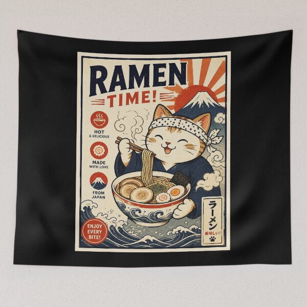 Item preview, Cute Ramen Cat Vintage Japanese Food Poster Style designed and sold by eliramaison.