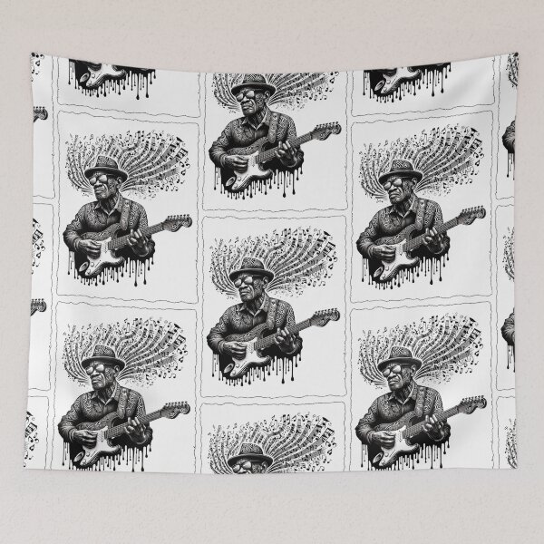 Item preview, Ornate Guitarist Music Notes Monochrome Art designed and sold by PlanetEye Designs.