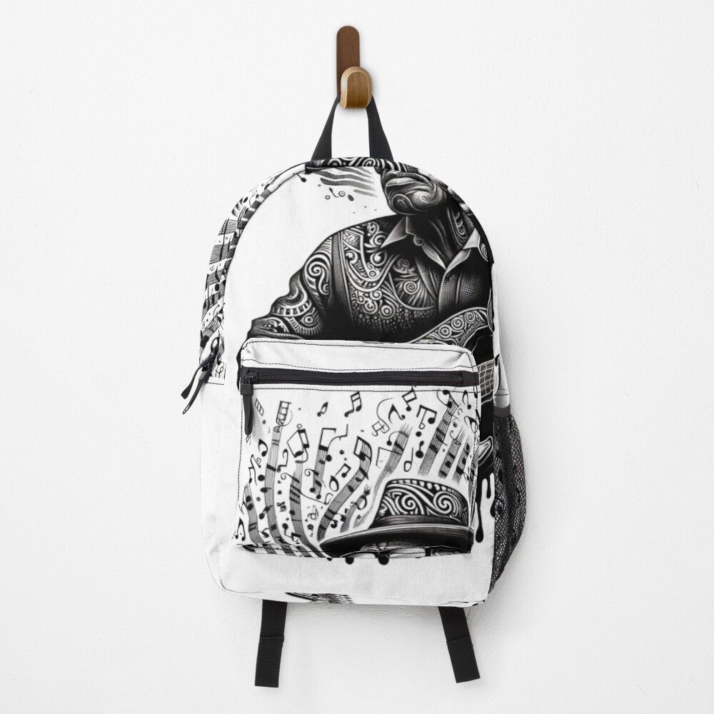 Ornate Guitarist Music Notes Monochrome Art on a backpack