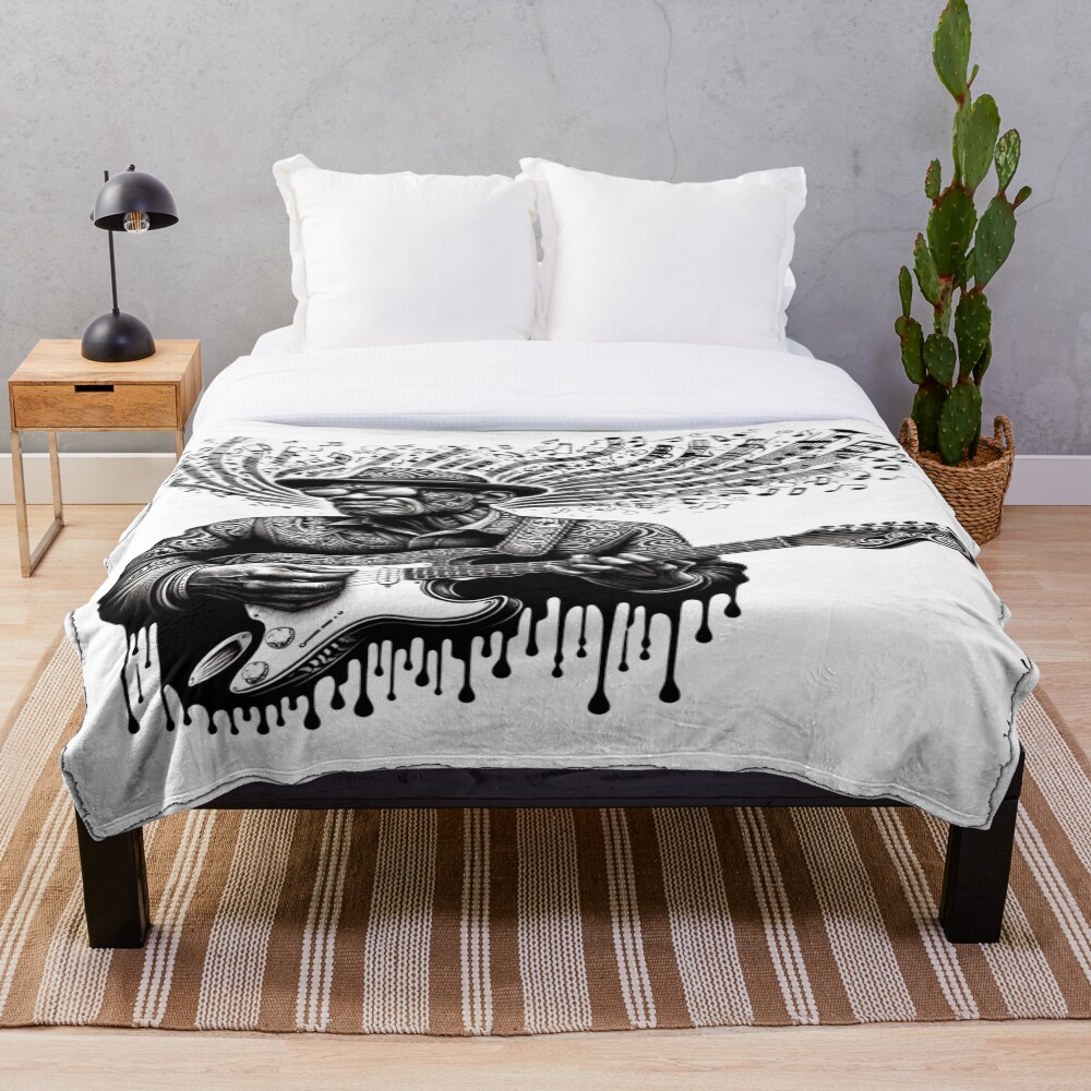Ornate Guitarist Music Notes Monochrome Art on a throw blanket