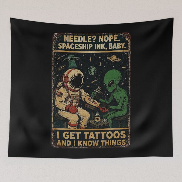 Item preview, Alien Tattoo Artist and Astronaut Space Retro Poster designed and sold by eliramaison.
