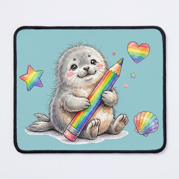 Item preview, Cute Watercolor Baby Seal Holding Giant Rainbow Pencil designed and sold by BreezifyDesignStudio.