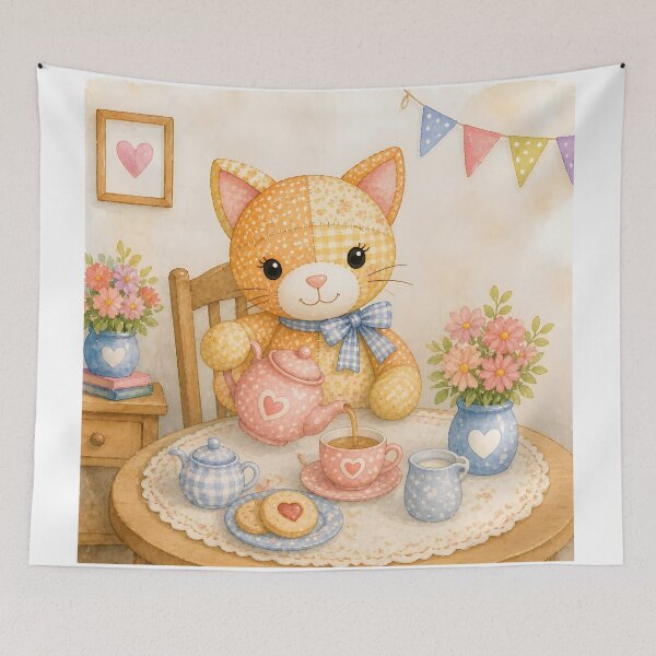 Item preview, Orange Patchwork Cat Tea Party designed and sold by Shelley Loewnau-Jones Studio.