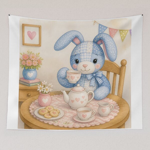 Item preview, Blue Patchwork Bunny Tea Party designed and sold by Shelley Loewnau-Jones Studio.