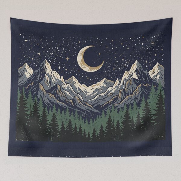 Item preview, Celestial Mountain Night Sky Art | Crescent Moon Forest Landscape designed and sold by TESHYS.