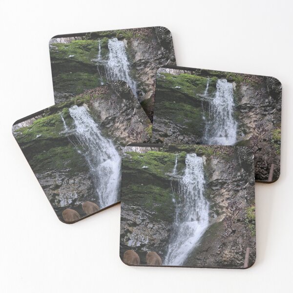 Item preview, Twin Deer Drinking at Forest Waterfall – Woodland Nature Photography designed and sold by Hookesmode.