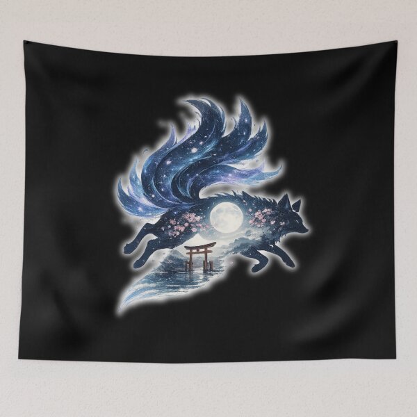 Item preview, Nine Tailed Fox Kitsune Jumping Japanese Mythology Galaxy T-Shirt designed and sold by YokaiInk.