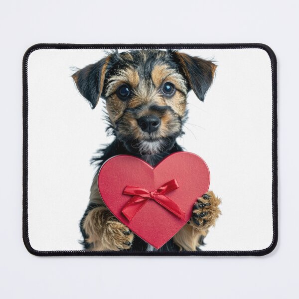 Item preview, Cute Scruffy Yorkie Puppy Holding Red Heart Gift Box Sticker - Realistic Border Terrier Portrait - Valentine's Day Dog Love Clipart Print designed and sold by WildGentlemen.