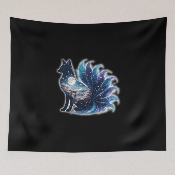 Item preview, Nine Tailed Fox Kitsune Japanese Art Cherry Blossom Moon designed and sold by YokaiInk.