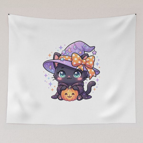 Item preview, Sparkly Witch Cat with Pumpkin – Cute Halloween Kawaii Art designed and sold by Biwbiwty.