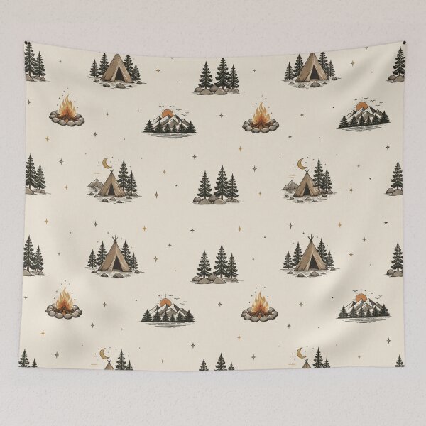 Item preview, Vintage Camping Pattern | Rustic Wilderness Tent, Campfire & Forest Seamless Design designed and sold by Inkmatic Studio.
