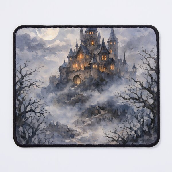 Item preview, Haunted Gothic Castle in Moonlit Mist Watercolor Fantasy Landscape designed and sold by cr6zym1nd.