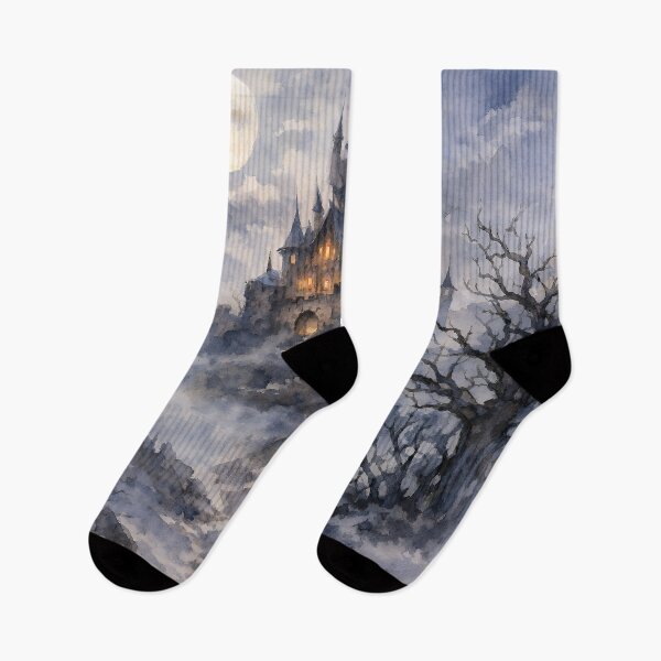 Item preview, Haunted Gothic Castle in Moonlit Mist Watercolor Fantasy Landscape designed and sold by cr6zym1nd.