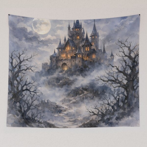 Item preview, Haunted Gothic Castle in Moonlit Mist Watercolor Fantasy Landscape designed and sold by cr6zym1nd.