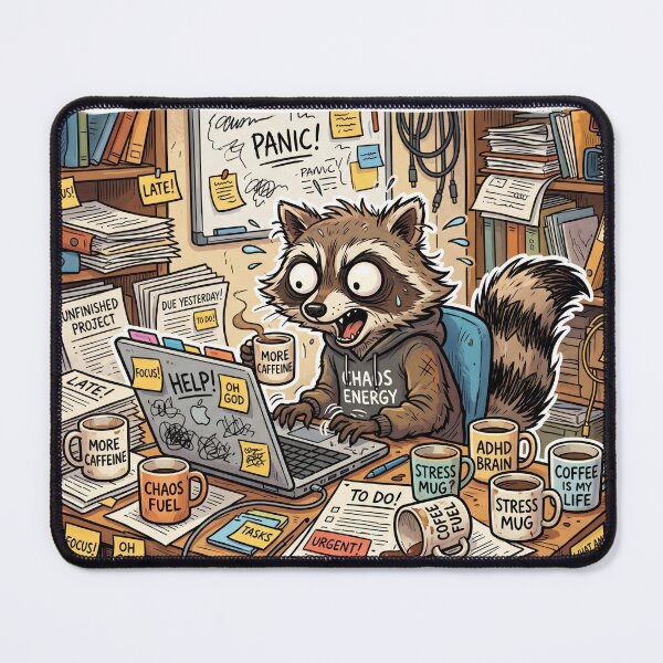 Item preview, Panic Focus ADHD Raccoon Funny Productivity Meme designed and sold by Biwbiwty.