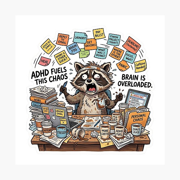 Item preview, ADHD Feels Like This Funny Raccoon Chaos Sticker designed and sold by Biwbiwty.