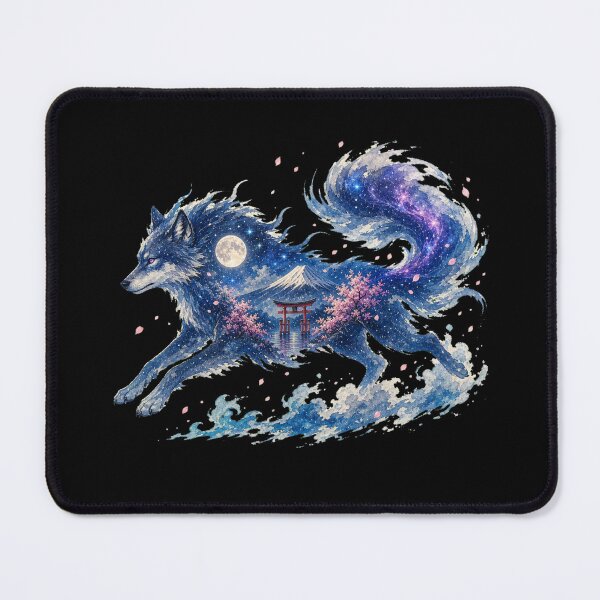 Item preview, Running Okami Wolf Cosmic Galaxy Japanese Sakura Double Expo designed and sold by YokaiInk.