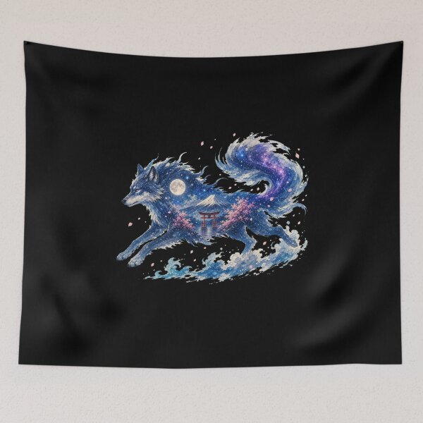 Item preview, Running Okami Wolf Cosmic Galaxy Japanese Sakura Double Expo designed and sold by YokaiInk.