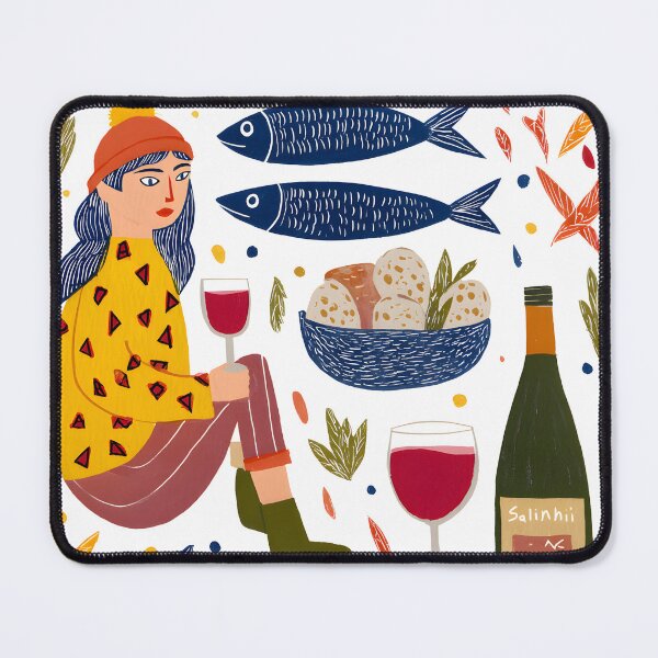 Item preview, Whimsical Folk Art Woman with Red Wine and Sardines designed and sold by AMIDATORA.
