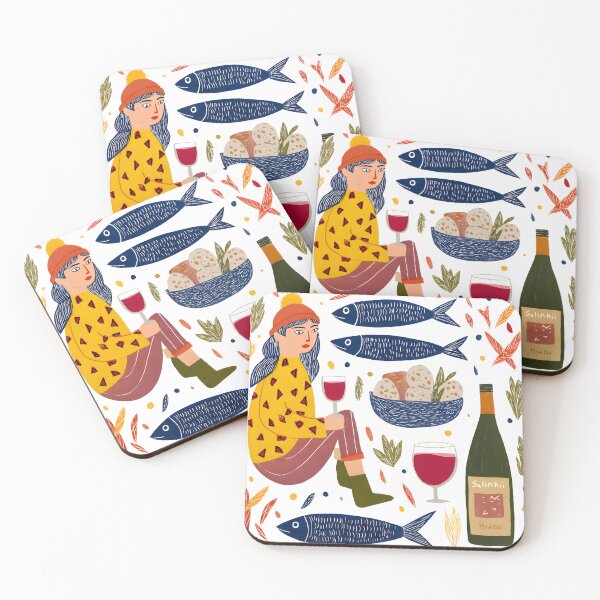 Item preview, Whimsical Folk Art Woman with Red Wine and Sardines designed and sold by AMIDATORA.