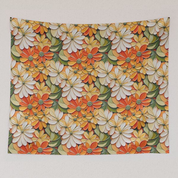 Item preview, Vibrant Retro Floral Pattern with Orange, Cream & Sage Green Flowers designed and sold by Habatour Creations Exclusive Digital Art Products.