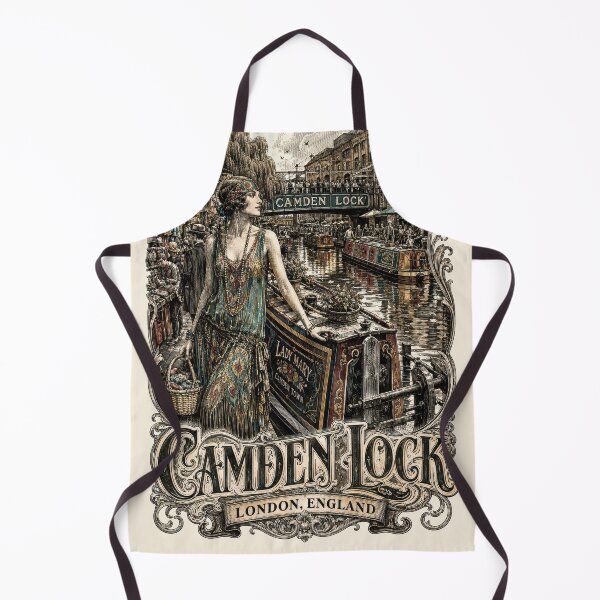 Item preview, Camden Lock, London, England [Wood Engraving] — Flapper Standing by a Vintage Barge Holding an Artis artisanal Basket designed and sold by elektronen.