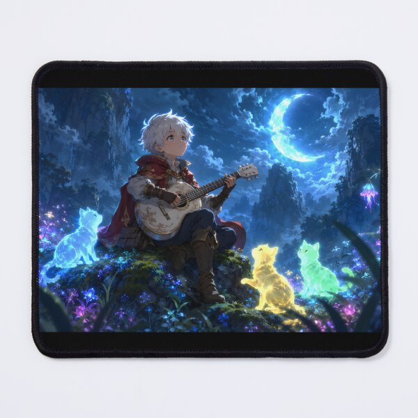 Item preview, Bard boy plays guitar amongst magical cats designed and sold by Moondigger Merch.