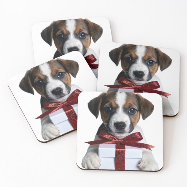 Item preview, Cute Tricolor Puppy Holding White Gift Box Sticker - Realistic Jack Russell Dog Portrait - Glitter Red Ribbon Elegant Holiday Clipart Print designed and sold by WildGentlemen.
