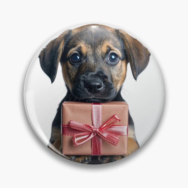 Item preview, Cute Black and Tan Puppy Holding Bronze Gift Box Sticker - Realistic Rottweiler German Shepherd Mix Portrait - Festive Shimmering Red Ribbon Clipart Print designed and sold by WildGentlemen.